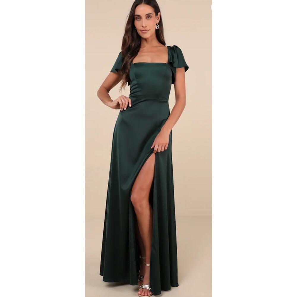 NWT Lulus Ultimate Sweetness Emerald Green Satin Flutter Sleeve Maxi Dress Med